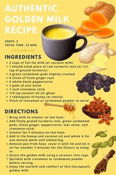 the ingredients for an authentic golden milk recipe are shown in this graphic style, including honey,