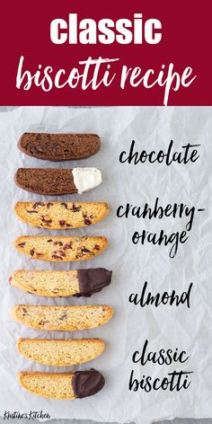 chocolate chip cookies are arranged on top of each other with the words classic biscotti recipe