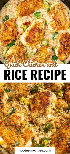 chicken and rice recipe in a skillet with text overlay that reads quick chicken and rice recipe