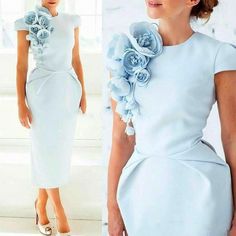 Floral Flowers Tea Length Short Sleeves Sheath Mother of the Bride Dress Flowers Tea, Cheap Cocktail Dresses, Gaun Fashion, Satin Evening Dresses, Blue Evening Dresses, Evening Gowns Elegant