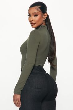 Available In Black, Grey, White, And Wine. Mock Neck Ribbed Cheeky Bottom Snap Button Closure Final Sale 93% Rayon 7% Spandex Imported | Dana Bodysuit in Olive Green size Small by Fashion Nova High Waist Fitted Trendy Tops, Winter V-neck Elastane Top, Trendy Fall Bodysuit In Elastane, Trendy Elastane Bodysuit For Fall, Solid High Waist Tops For Night Out, Fitted High Waist Tops For Workwear, High Waist Stretch Tops For Fall, Casual High-waist Bodysuit For Fall, Solid High Waist Bodysuit For Fall