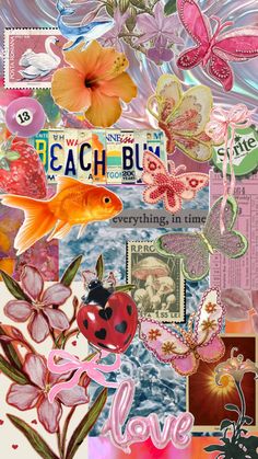 a collage with flowers, butterflies and hearts