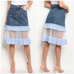 Denim Jean Skirt With A Mesh Bottom Featuring Two Layers Of Light Blue Gingham Check Print Fabric Ruffles. Adorable! One Ruffle Layer Hem Would Have Been Cute, But The Mesh And Second Ruffle Hem Tops All. Zip Closure And Two Functional Front Pockets. 70% Cotton, 30% Polyester. True To Size, And Fabric Does Not Stretch. See Measurements. Going Up One Size Might Be Best For Some. Offers Welcome. Photos With Green Background Show Size Small. Thank You For Looking. Denim Blue Ruffled Skirt, Spring Denim Skirt With Ruffles In Medium Wash, Spring Medium Wash Denim Skirt With Ruffles, Spring Ruffled Medium Wash Denim Skirt, Blue Denim Tiered Mini Skirt, Spring Denim Skirt With Ruffled Detail, Blue Ruffled Denim Skirt For Spring, Medium Wash Ruffled Skirt For Spring, Ruffled Medium Wash Skirt For Spring