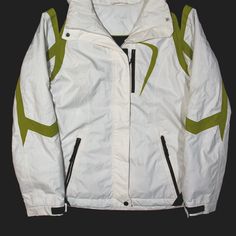 Right pocket zip broken. >Size: S >Armpit To Armpit: 22" >Armpit To Cuff: 19" >Collar To Hem: 27" White Zip Fly Outerwear For Winter, White Sports Outerwear With Fleece Lining, White Fleece-lined Sports Outerwear, Sporty Winter Windbreaker With Zipper Closure, White Zipper Track Jacket For Winter, White Fall Windbreaker With Zipper Closure, Green Sports Outerwear With Zipper Closure, White Sporty Windbreaker With Zipper Closure, Winter Sports Windbreaker With Ykk Zipper