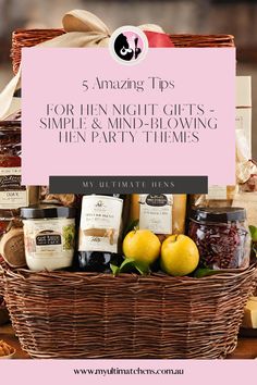 a wicker basket filled with jams and lemons