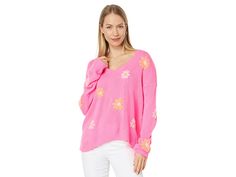 Lilly Pulitzer Tensley Sweater - Women's Sweater : Aura Pink Blooming Embroidery : Adorned with lovely floral embroidery work all over, the Lilly Pulitzer Tensley Sweater is enough to add some extra charm and elegance to your chilly weather look. Easy fit. Cozy knit construction with pullover style. V-neckline and long sleeves with dropped shoulders. Ribbing on neckline, cuffs, and hem. 57% cotton, 28% acrylic, 15% polyester. Hand wash cold. Imported. Aura Pink, Sweater Women's, Cozy Knit, Chilly Weather, Embroidery Work, Cozy Knits, Floral Embroidery, Pullover Styling, Lilly Pulitzer