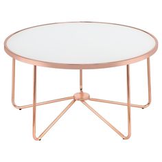 a round coffee table with metal legs and a white glass top on an isolated stand