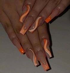 Classy But Extra Nails, Cancun Nails, Orange Acrylic Nails, Orange Nail Designs, Long Acrylic Nail Designs, Nude Nail, Awesome Nails, Colorful Nails, Dope Nail Designs