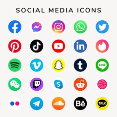 various social media icons are shown in different colors and sizes, including one for the camera