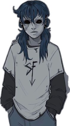 a drawing of a person with blue hair and black eyes wearing a white t - shirt