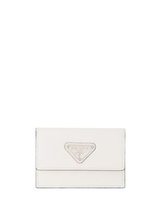 white Saffiano leather textured finish enamel triangle logo rectangle shape foldover top with press-stud fastening internal card slots White Bifold Card Holder With Interior Slots, Elegant White Rectangular Card Holder, Designer White Rectangular Wallet, Classic White Card Holder With Card Slots, Luxury White Wallets With Interior Card Slots, Modern White Bifold Wallet, Modern White Rectangular Wallet, Luxury White Wallets With Card Slots, Designer White Wallets For Formal Occasions