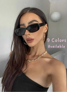 a woman wearing black sunglasses and a gold chain necklace with the words 9 colors available