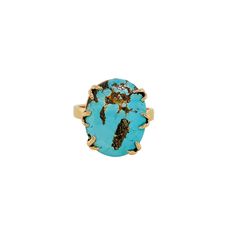 One of a kind Magic!Oval Persian Turquoise ring set in 14K yellow gold. Ring size 8.5.--Our Persian turquoise is hand-picked by Kris and Whealan from Top Turquoise Inc. Turquoise is an ancient, treasured stone that has been fashioned over centuries as a sign of protection for warriors and nobility. The turquoise color is attributed to the percentage of iron or copper in its composition. The more green the turquoise, the more iron and the more blue in color, the more copper. May you wear this protective stone as a symbol of wisdom, tranquility, good fortune and hope.Please refer to our Sizing/Care page for cleaning information. Persian Turquoise Ring, Fan Coral, Persian Turquoise, Circle Of Life, Slice Of Life, Pendant Rings, Yellow Gold Ring, Turquoise Color, A Sign