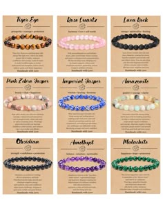 PRICES MAY VARY. 【Stone Bracelet Set】 - A collection of 9pcs natural stone bracelets set, including the best healing stone bracelets such as obsidian bracelet, amethyst bracelet, tiger eye bracelet, pink crystal bracelet, amazonite bracelet, lava rock bracelet, etc. Each anxiety relief bracelets for women has a special spirituality, bringing you different energy healing effects. 【Perfect Healing Bracelet】 - Embrace the vibrant and harmonizing vibes of natural crystal stone. These natural stones Crystal Jewelry Bracelet, Crystal Bracelet Ideas, Crystal Bracelets Healing, Gimp Bracelets, Pink Crystal Bracelet, Lava Rock Bracelet, Obsidian Bracelet, Amazonite Bracelet, Stone Bracelets