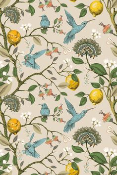 an image of birds and flowers on a gray wallpaper background with yellow, green, blue, white