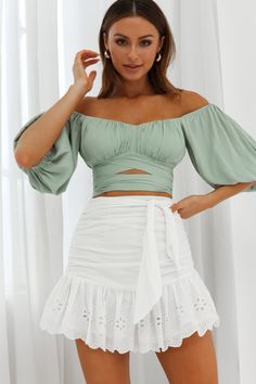 Shop the Linka Off-Shoulder Half Sleeve Tie-Back Crop Top Pistachio | Selfie Leslie Chic Green Bandeau Crop Top, Chic Green Cropped Tube Top, Chic Cropped Off-shoulder Top For Summer, Fitted Off-shoulder Crop Top For Spring, Green Fitted Cropped Tube Top, Fitted Green Cropped Tube Top, Chic Cropped Off-shoulder Top For Day Out, Chic Green Puff Sleeve Top, Chic Puff Sleeve Off-shoulder Top For Brunch