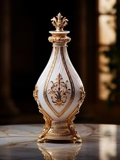 a white and gold vase sitting on top of a table