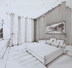 a drawing of a bed in a room with lots of white sheets on the floor