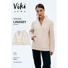 Lindsey Hoodie Viki Sews Sewing Pattern.Size 6-8-10-12-14-16-18-20-22-24.Lindsey is a loose fitting hoodie with a trapeze silhouette. The front features princess seams with internal in-seam pockets, and the back features a shaped yoke. The hoodie has a dropped shoulder and long sleeves with cuffs. Lindsey has a tall stand collar with a short centre front closed-end zip. The slightly curved high-low hem has a waistband and the garment is below hip length.Instructions for Viki Sews patterns are downloaded in PDF format via a QR code that is printed on the pattern pieces. The instructions can then either be printed or read directly from your phone, tablet or PC.Recommended fabricsTo sew this hoodie, choose knit fabrics with the following properties:Medium weight, soft, structured, non-stretch Sporty Hijab, Hoodie Sewing, Hoodie Sewing Pattern, Bodysuit Pattern, Unique Sweatshirt, Hoodie Pattern, Garment Pattern, Dress Making Patterns, Womens Sewing Patterns