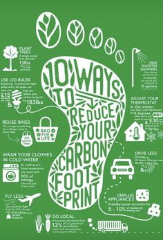 a green poster with the words, ways to reduce your carbony foot print on it