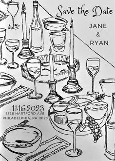 a black and white drawing of a dinner table with wine glasses, plates and food