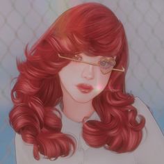 a digital painting of a woman with long red hair and heart shaped glasses on her face