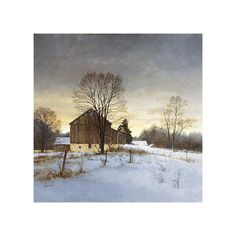 a painting of a barn in winter with snow on the ground and trees around it