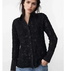 Zara Black Embroidered Longline Shirt New With Tag Size Xs, Small Featuring Floral Embroidery Detailing Throughout, Front Button Fastening And Long Button Up Cuffed Sleeves,. Respectful Offers Only! Oversized Long Sleeve Shirt, Lace Shirt, Poplin Shirt, Embroidered Blouse, Long Shirt, Embroidered Shirt, Zara Black, Lapel Collar, Zara Tops