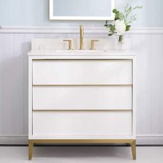 a bathroom vanity with two sinks and a mirror