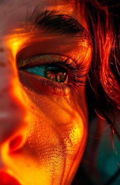 a woman's eyes are glowing orange and blue