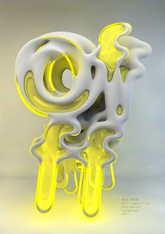 an abstract yellow and white object with swirls on the bottom, in front of a gray background