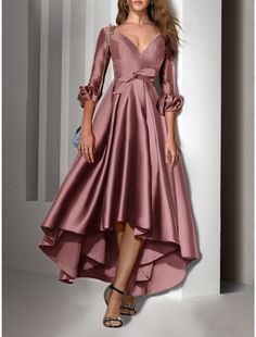 A-Line Cocktail Dresses Party Dress Wedding Guest Birthday Asymmetrical 3/4 Length Sleeve V Neck Satin with Bow(s) Pleats 2024 Cocktail Dress Elegant, Party Dress Wedding, A Line Cocktail Dress, Dusty Rose Dress, Dress Wedding Guest, Evening Dresses Cocktail, Mothers Dresses, Dresses Elegant, Dresses Party