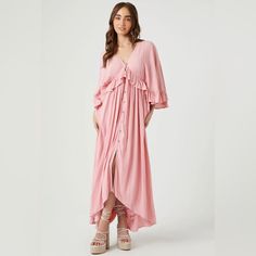 A Woven Maxi Dress Featuring A Plunging V-Neckline And Back, Back Self-Tie With Tassel Accents, Butterfly Sleeves, Flounce Trim, Button-Front Closures, And High-Low Hem. New Without Tags. All Tags Cut Out To Prevent Returns To The Company. Small Inventory #P1258 Medium Inventory #P1595 Bohemian V-neck Dress With Buttons, V-neck Midi Dress With Button Closure For Brunch, Feminine Rayon Midi Dress With V-neck, V-neck Button Dress For Vacation, Vacation V-neck Dress With Buttons, Spring V-neck Midi Dress With Button Closure, V-neck Beach Dress With Button Closure, V-neck Daywear Dresses With Button Closure, V-neck Dresses With Button Closure For Daywear