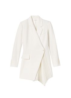 The Juliet Dress is crafted from our signature suiting fabric in bridal white. This mini blazer silhouette features modern twists on classic tuxedo-inspired details, including pointed notch lapels, a faux-wrap waist, flap pockets, and an asymmetrically pleated skirt. Shop Dresses Styling Tip: Pair yours with white or metallic high-heeled sandals for your rehearsal dinner or engagement party. Juliet Dress, Mini Blazer, Pleated Blazer, Pleated Satin Dress, Bridal Wardrobe, Asymmetrical Coat, Classic Tuxedo, Blazer Mini Dress, Sleeveless Blazer