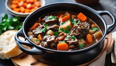 a stew with carrots, potatoes and meat in a black pot on a cutting board