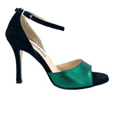 Penny - Black & Green-Alagalomi- Axis Tango - Best Tango Shoes Green Heels With Contrasting Heel Counter For Party, Green Heels With Deep Heel Cup For Formal Occasions, Green Heels For Gala, Classic Green Heels For Formal Occasions, Classic Green Leather Heels, Fitted Evening Heels With Suede Lining, Green Suede Heels With Leather Sole, Elegant Green Suede Heels, Elegant Green Heels With Removable Insole