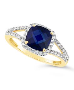 Dazzling with a created sapphire center stone surrounded by illuminating created white sapphire stones, this 10k yellow gold cushion-cut halo ring is an accessory to be cherished. Cushion Cut Halo Ring, Engament Rings, Cushion Cut Halo, Sapphire Stones, Gold Cushions, Gold Sign, I Love Jewelry, Jewelry Repair, Sapphire Stone