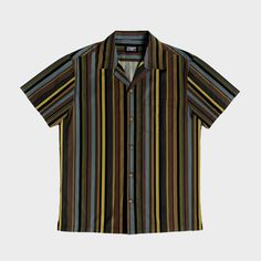 par_lin_blk_yel_w_1 Retro Shirt With Johnny Collar And Relaxed Fit, Retro Collared Short Sleeve Shirt Relaxed Fit, Retro Brown Cotton Camp Shirt, Classic Striped Shirt With Camp Collar, Casual Collared Short Sleeve Shirt With Vertical Stripes, Striped Collared Shirt With Placket, Casual Striped Camp Shirt With Camp Collar, Cotton Vertical Stripes Collared Shirt, Casual Shirt With Vertical Stripes And Camp Collar