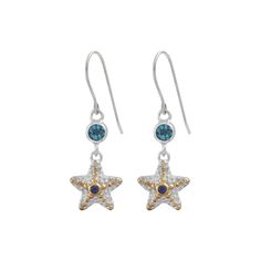 This adorabale starfish earring features BlueTopaz 6mm Round faceted  Stones With  tiny 2 mm iolite stones set in the center of the silver starfish. Our Artisans carefully apply 22 kt gold to the little silver balls covering the  sterling  silver starfish. A perfect reminder of the oceans vast treasures! Elegant Blue Starfish Charm Jewelry, Elegant Blue Jewelry With Starfish Charm, Blue Star-shaped Sterling Silver Earrings, Blue Sterling Silver Star Earrings, Elegant Starfish Charm Drop Earrings, Blue Star Charm Drop Earrings, Blue Starfish Charm Earrings For Gift, Sterling Silver Starfish Earrings, Blue Drop Earrings With Star Charm