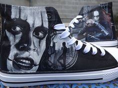 Hand Painted with above design on black Converse hi-tops. Each pair is painted to order and can be customised with different logos, names or quotes etc. The paint is permanent and will not run if wet and can be washed either with a damp cloth or in the washing machine. Only the sides shown in the pictures are painted. The inner sides have the Converse logo and are left unpainted unless pictured or stated otherwise. The shoes are genuine Converse hi tops. (pictures may shoe non-branded hi-tops for illustration purposes only) Sizes are listed in UK sizing. Please check the size chart above for correct conversion. I do take custom orders and can paint any image on any size canvas shoe Waterproof High-top Sneakers For Streetwear, Artistic Black Sneakers With Custom Artwork, Custom Hand-painted Black High-top Sneakers, Artistic High-top Custom Sneakers With Artwork, Artistic High-top Custom Sneakers, Custom Baby Shoes, Converse Embroidery, Converse Hi, Converse Low