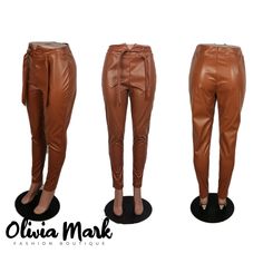 Olivia Mark - Faux Leather High Waist Pants Trendy Paperbag Waist Bottoms For Fall, Fall Paperbag Waist Pants, Trendy Fitted Pants With Paperbag Waist, Trendy Fitted Paperbag Waist Pants, Fall Paperbag Waist Belted Pants, Trendy Paperbag Waist Pants For Fall, Chic Paperbag Waist Bottoms For Fall, Trendy Belted Faux Leather Bottoms, Trendy Faux Leather Belted Bottoms