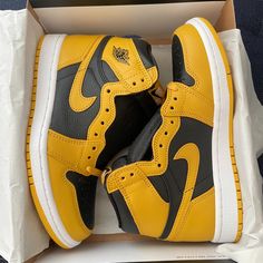 These Are New In Box Jordan 1 Retro High Pollen Og In Size 4.5 Or 6 For Women. Yellow Leather Sneakers For Streetwear, Yellow Leather Sneakers With Boost Midsole, Yellow Basketball Shoes With Contrast Sole, Yellow Basketball Shoes With Contrast Sole For Streetwear, Sporty Yellow Custom Sneakers With Contrast Sole, Yellow High-top Custom Sneakers For Streetwear, Sporty Custom Yellow Sneakers With Contrast Sole, Yellow High-top Sneakers With Gum Sole, Yellow High-top Jordan Shoes For Sports