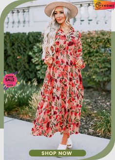 Red Frilled Collar Long Sleeve Tiered Maxi Floral Dress Red Floral Print Maxi Dress For Fall, Red Long Sleeve Maxi Dress For Spring, Red Non-stretch Maxi Dress For Fall, Red Non-stretch Maxi Dress For Spring, Long Sleeve Red Dress For Spring, Long Sleeve Red Dresses For Spring, Red Floral Print Maxi Dress For Spring, Flowy Red Maxi Dress For Fall, Red Maxi Dress For Fall Vacation