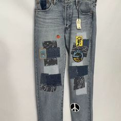 Levis 501 150th Anniversary Men’s 38 X 30 Distressed Patchwork Jeans Love Peace | eBay Jeans Love, Patchwork Jeans, Jeans Distressed, Love Peace, Levis 501, Peace And Love, Sewing, Patchwork