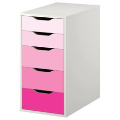 a white and pink dresser with drawers on the bottom, in front of a white background