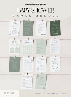 the baby shower game bundle is hanging on a wall with clothes pins attached to it