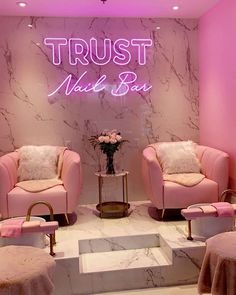 Trust Nail Bar Neon Sign Privates Nagelstudio, Desain Salon Kuku, Pink Nail Salon, Nail Room Ideas, Nail Salon Interior Design, Nail Salon Interior, Beauty Room Salon, Esthetician Room Decor, Esthetics Room