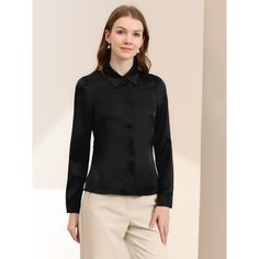 The long-sleeve fit of this shirt flatters most body types and provides enough coverage for a modest yet stylish look. The button-up front of this shirt makes it easy to wear and provides a timeless and classic look that never goes out of style. This shirt can be paired with dress pants or skirts for a formal workwear look, or dressed down with jeans or shorts for a more casual yet polished outfit. Satin Tops, Formal Workwear, Women's Office, Womens Office, Satin Long Sleeve, Puff Long Sleeves, Satin Shirt, Satin Top, Work Blouse