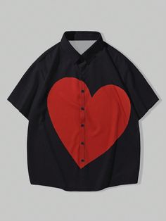 Black Casual Collar Short Sleeve Woven Fabric Colorblock,Heart Shirt Embellished Non-Stretch  Men Clothing Street Life, The Heart Of Man, Heart Shirt, Summer School, Men Clothing, Kids Beachwear, Heart Print, Mens Summer, Printed Shorts