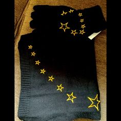 Awesome Set With Graduated Gold Star Embroidery On Scarf And Gloves Scarf Has A Finished Edge Gloves Are Cuffed 56% Rayon, 29% Poly & 35% Nylon Scarf Measures 10” Wide X 68” Long Embroidery On Scarf, Jennie Accessories, Jennie Black, Star Embroidery, Gold Star, Knit Scarf, Gold Stars, Black Knit, Scarf Wrap